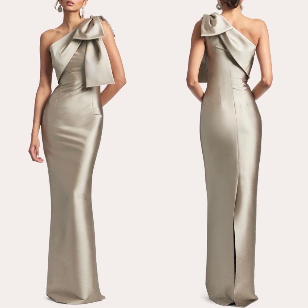 New Sachin And Babi Bonnie One Shoulder Bow Pewter Gown Sz 6